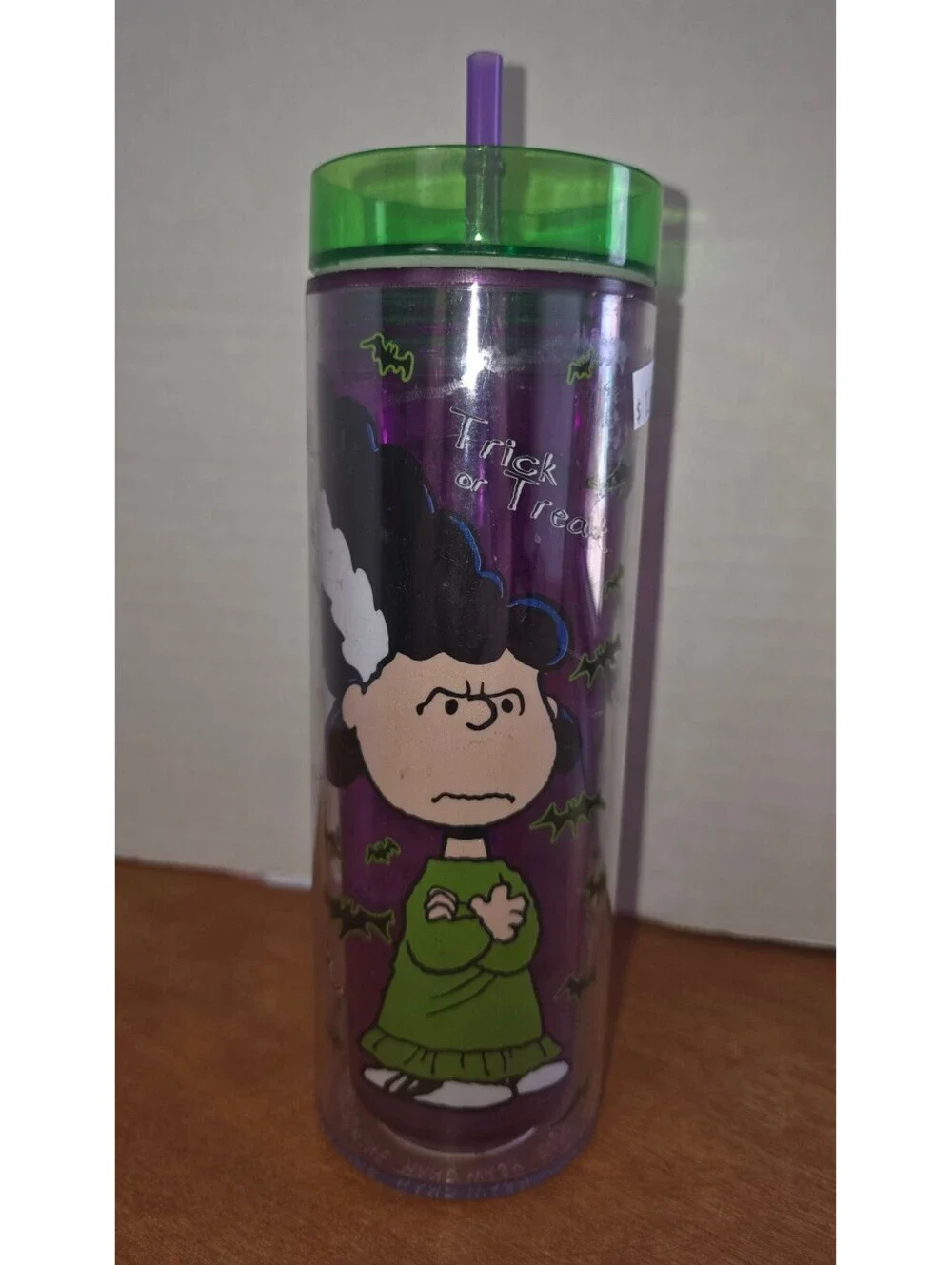 Peanuts plastic travel tumbler Halloween design with Lucy as Frankenstein